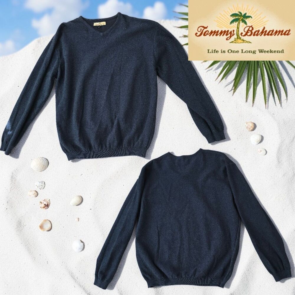 Vintage Tommy Bahama XL Navy V Neck Sweater Made Hong Kong